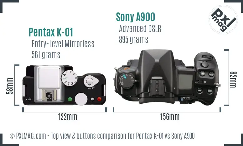 Pentax K-01 vs Sony A900 top view buttons comparison