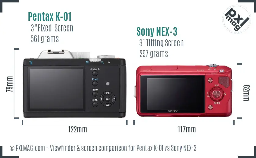 Pentax K-01 vs Sony NEX-3 Screen and Viewfinder comparison