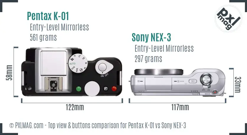 Pentax K-01 vs Sony NEX-3 top view buttons comparison