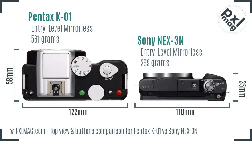 Pentax K-01 vs Sony NEX-3N top view buttons comparison