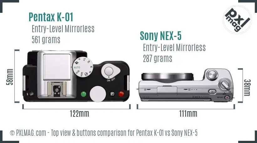 Pentax K-01 vs Sony NEX-5 top view buttons comparison