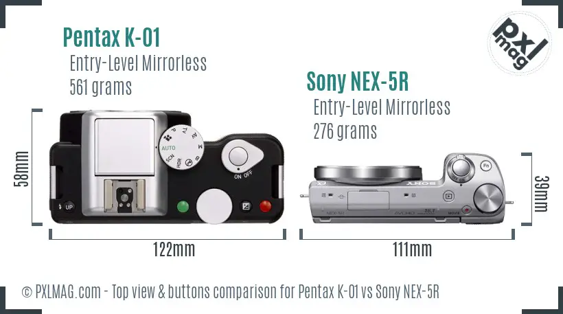 Pentax K-01 vs Sony NEX-5R top view buttons comparison
