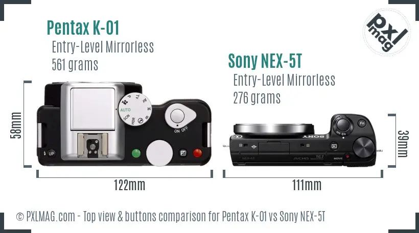 Pentax K-01 vs Sony NEX-5T top view buttons comparison