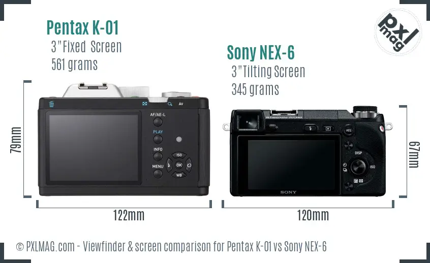Pentax K-01 vs Sony NEX-6 Screen and Viewfinder comparison