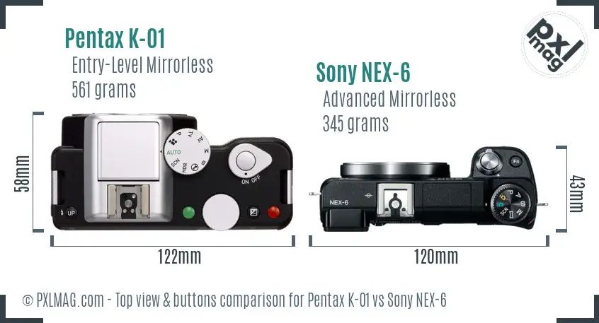 Pentax K-01 vs Sony NEX-6 top view buttons comparison