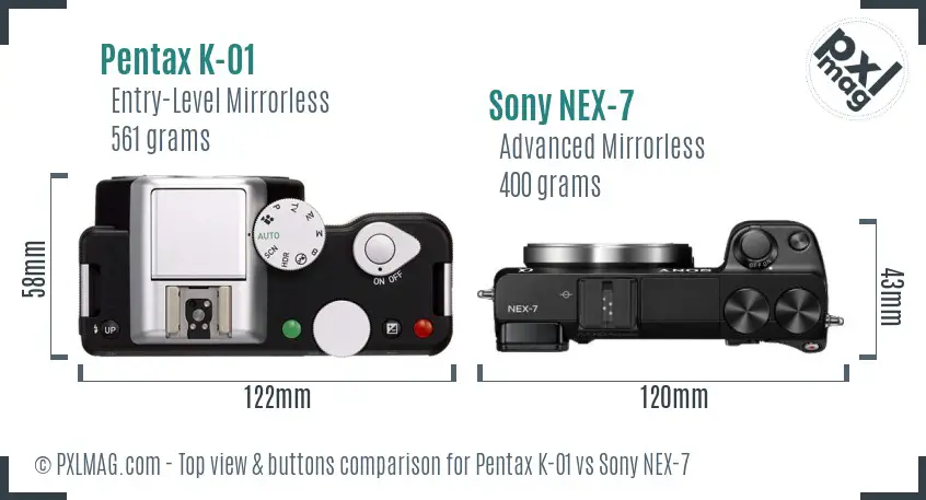 Pentax K-01 vs Sony NEX-7 top view buttons comparison