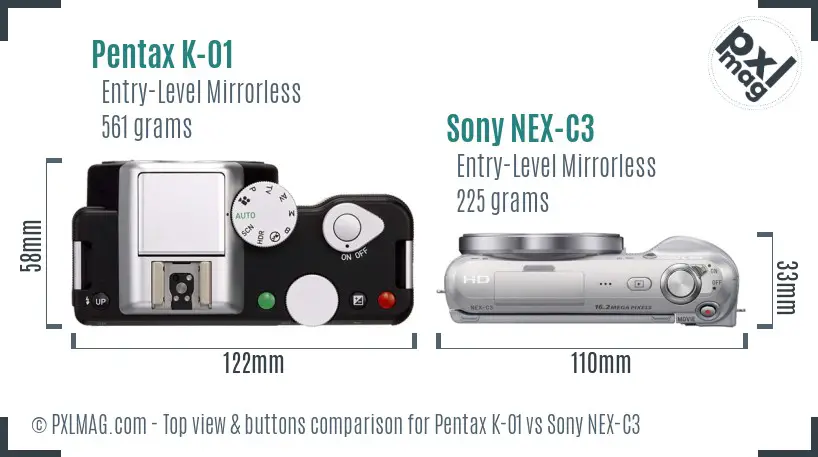 Pentax K-01 vs Sony NEX-C3 top view buttons comparison