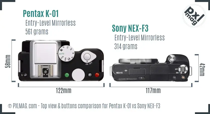 Pentax K-01 vs Sony NEX-F3 top view buttons comparison