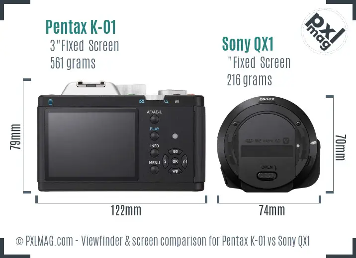 Pentax K-01 vs Sony QX1 Screen and Viewfinder comparison