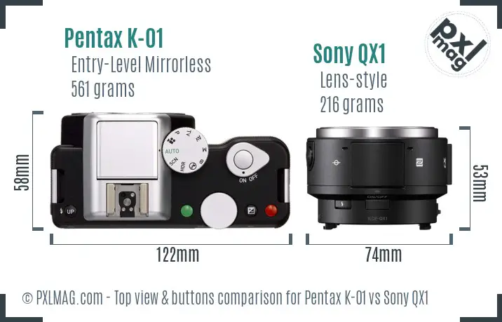 Pentax K-01 vs Sony QX1 top view buttons comparison