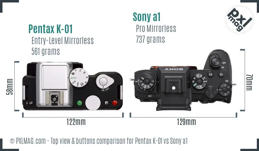 Pentax K-01 vs Sony a1 top view buttons comparison