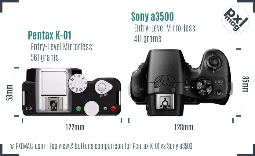 Pentax K-01 vs Sony a3500 top view buttons comparison