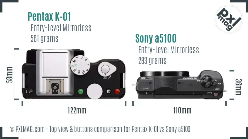 Pentax K-01 vs Sony a5100 top view buttons comparison