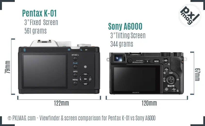 Pentax K-01 vs Sony A6000 Screen and Viewfinder comparison