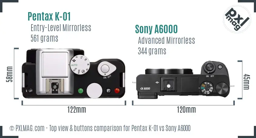 Pentax K-01 vs Sony A6000 top view buttons comparison