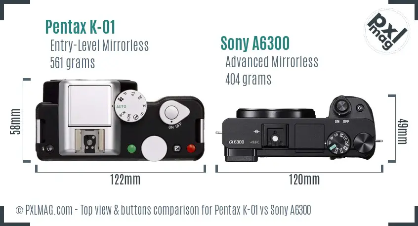 Pentax K-01 vs Sony A6300 top view buttons comparison