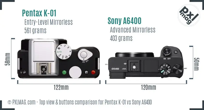 Pentax K-01 vs Sony A6400 top view buttons comparison
