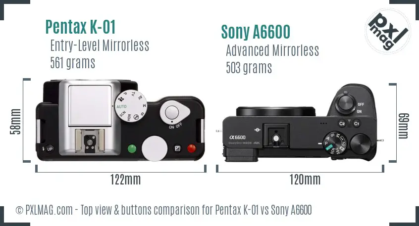 Pentax K-01 vs Sony A6600 top view buttons comparison Pentax K-01 vs Sony A6600 top view buttons comparison