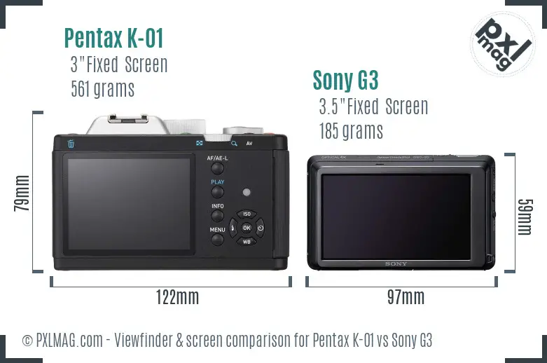 Pentax K-01 vs Sony G3 Screen and Viewfinder comparison Pentax K-01 vs Sony G3 Screen and Viewfinder comparison