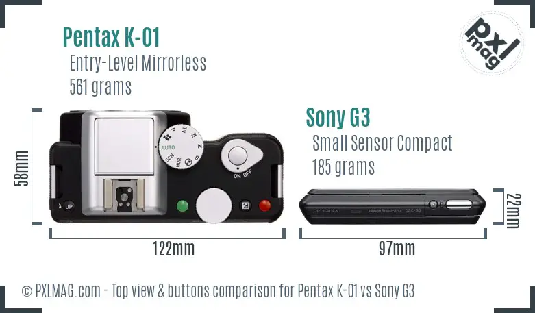 Pentax K-01 vs Sony G3 top view buttons comparison Pentax K-01 vs Sony G3 top view buttons comparison
