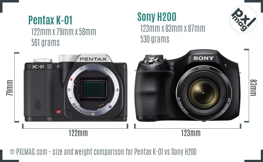 Pentax K-01 vs Sony H200 size comparison