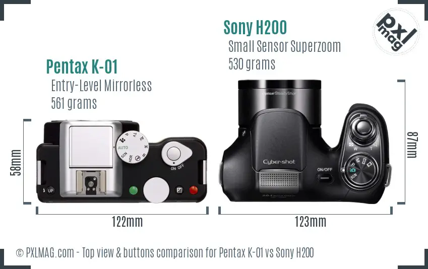 Pentax K-01 vs Sony H200 top view buttons comparison