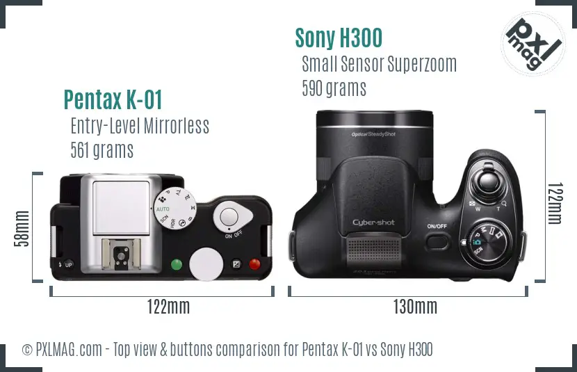 Pentax K-01 vs Sony H300 top view buttons comparison