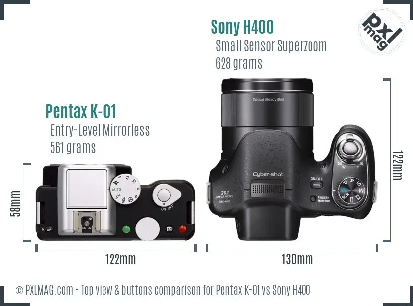 Pentax K-01 vs Sony H400 top view buttons comparison