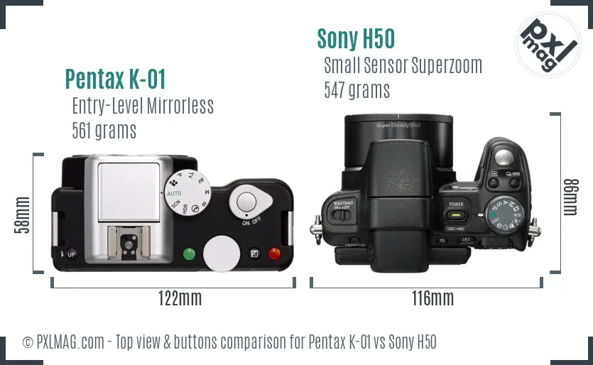 Pentax K-01 vs Sony H50 top view buttons comparison