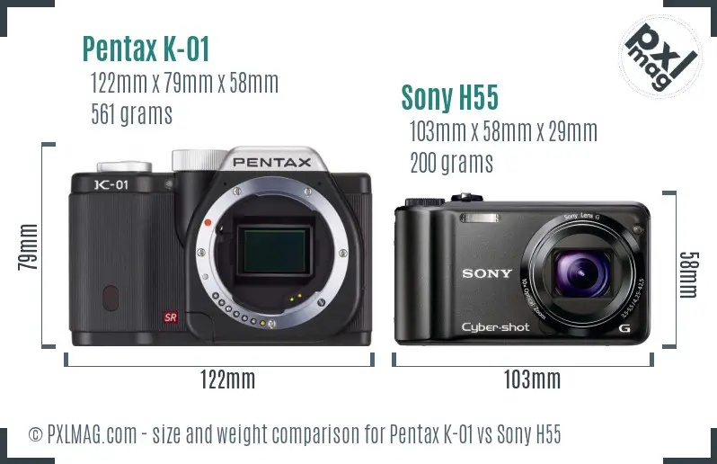 Pentax K-01 vs Sony H55 size comparison