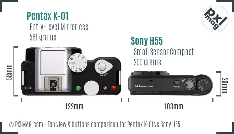 Pentax K-01 vs Sony H55 top view buttons comparison