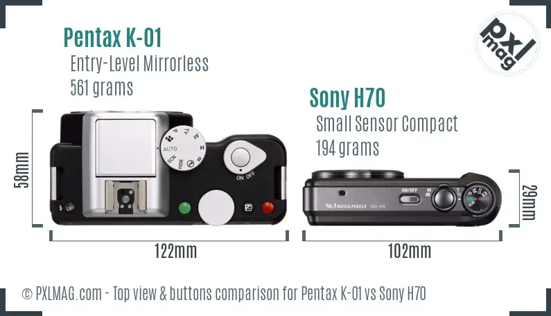 Pentax K-01 vs Sony H70 top view buttons comparison