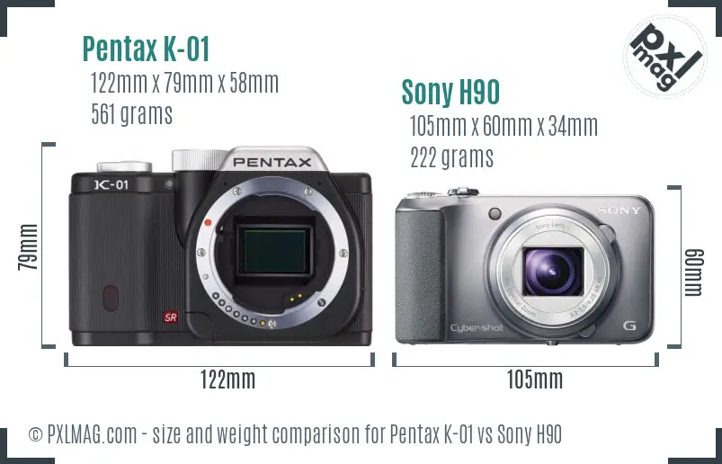 Pentax K-01 vs Sony H90 size comparison