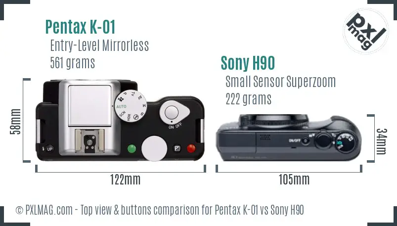 Pentax K-01 vs Sony H90 top view buttons comparison