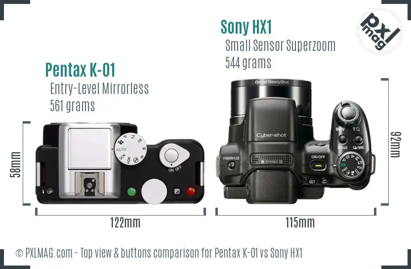 Pentax K-01 vs Sony HX1 top view buttons comparison