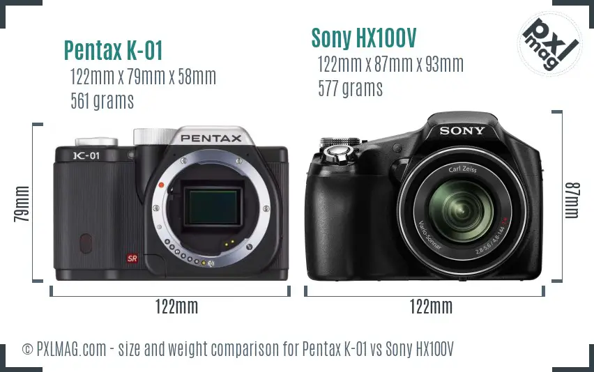 Pentax K-01 vs Sony HX100V size comparison