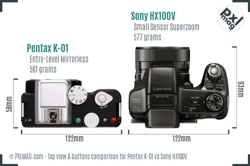 Pentax K-01 vs Sony HX100V top view buttons comparison