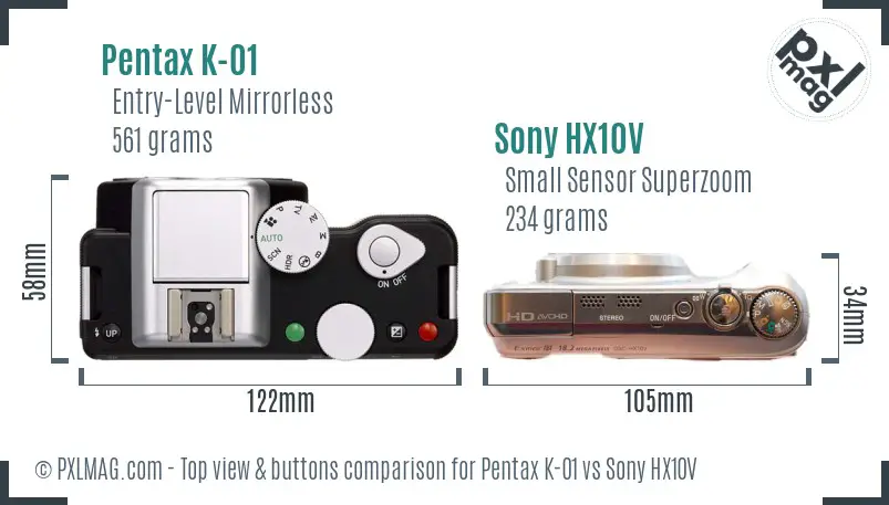 Pentax K-01 vs Sony HX10V top view buttons comparison
