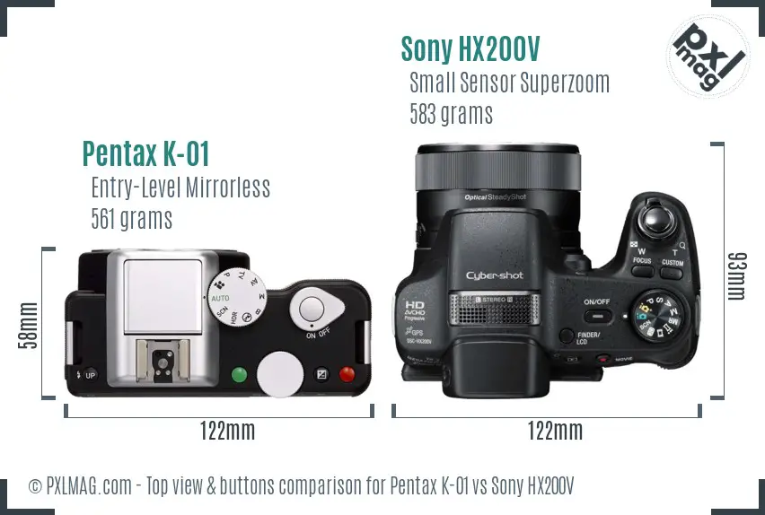 Pentax K-01 vs Sony HX200V top view buttons comparison