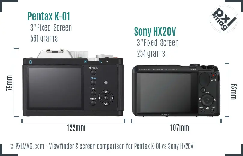 Pentax K-01 vs Sony HX20V Screen and Viewfinder comparison