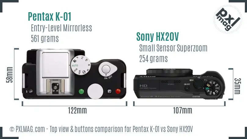 Pentax K-01 vs Sony HX20V top view buttons comparison