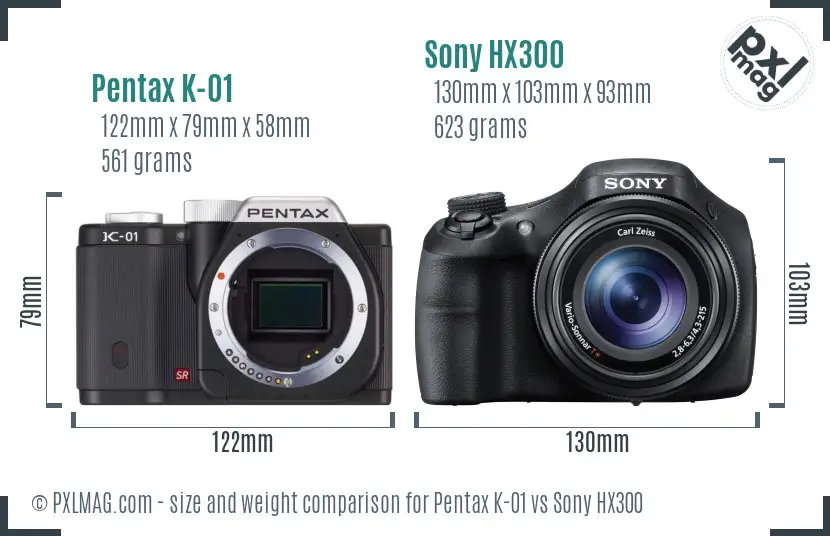 Pentax K-01 vs Sony HX300 size comparison