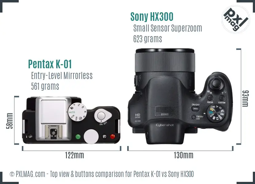 Pentax K-01 vs Sony HX300 top view buttons comparison