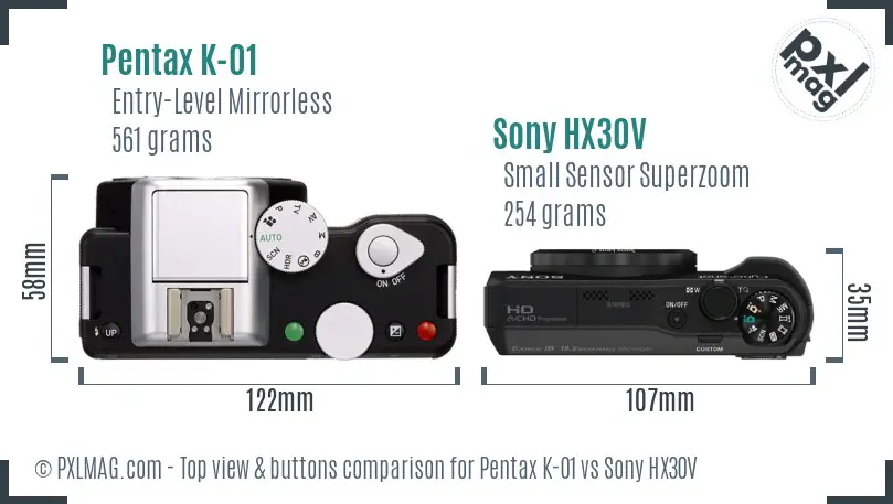 Pentax K-01 vs Sony HX30V top view buttons comparison