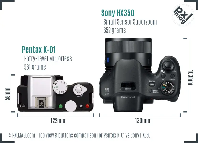 Pentax K-01 vs Sony HX350 top view buttons comparison