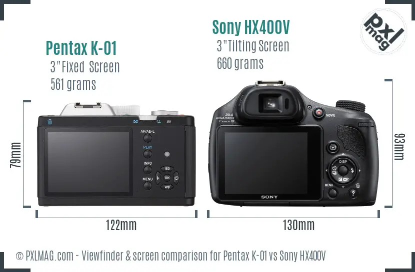 Pentax K-01 vs Sony HX400V Screen and Viewfinder comparison Pentax K-01 vs Sony HX400V Screen and Viewfinder comparison