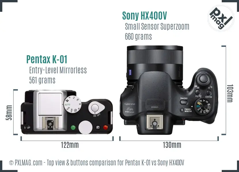 Pentax K-01 vs Sony HX400V top view buttons comparison Pentax K-01 vs Sony HX400V top view buttons comparison