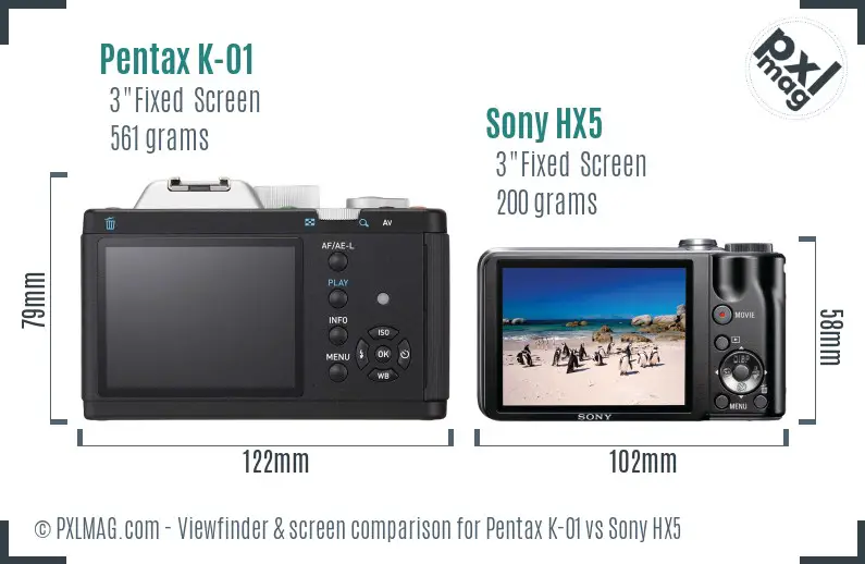 Pentax K-01 vs Sony HX5 Screen and Viewfinder comparison