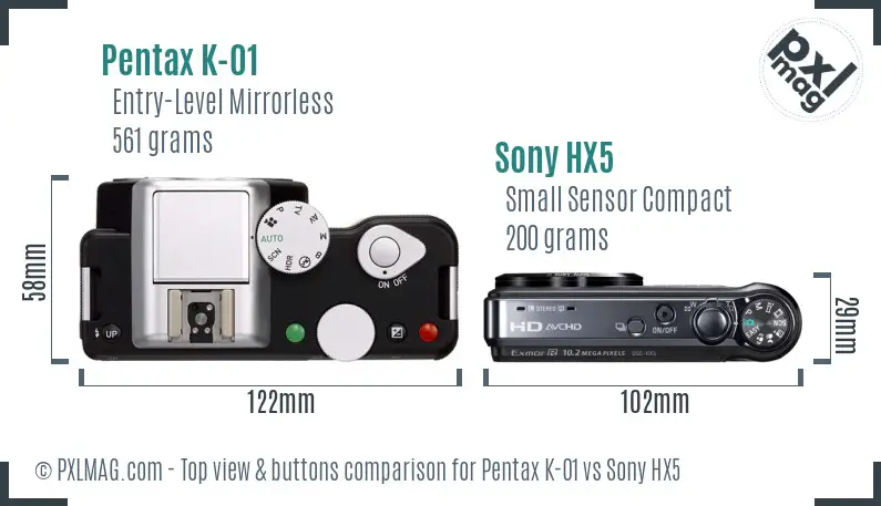 Pentax K-01 vs Sony HX5 top view buttons comparison