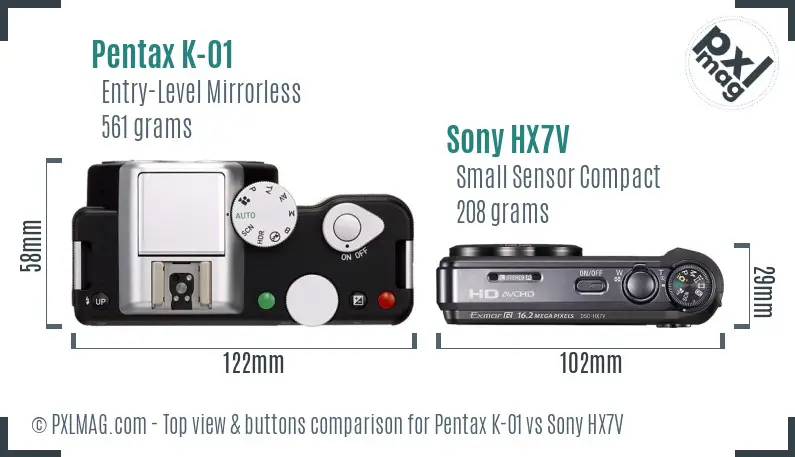 Pentax K-01 vs Sony HX7V top view buttons comparison